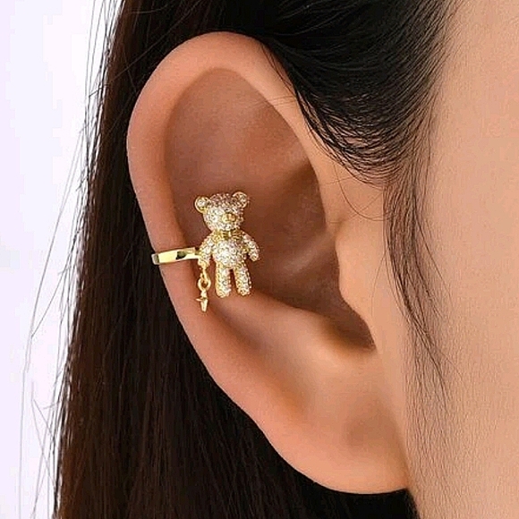 Teddy Bear Gold Plated Zircon Cuff Earring - Picture 1 of 5